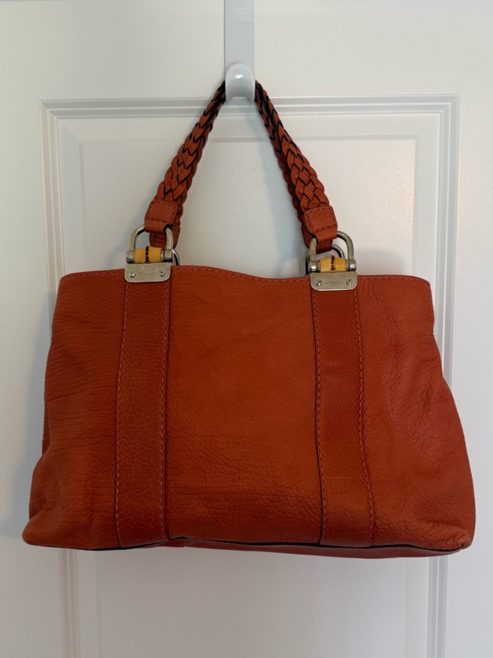 Gucci Pebbled Leather Tote Handbag - Rust Orange-Red